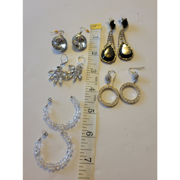 Lot of 5 Vintage Estate Earrings Silver Tone Rhinestone Hoop Drop Dangle Jewelry - Picture 2 of 6